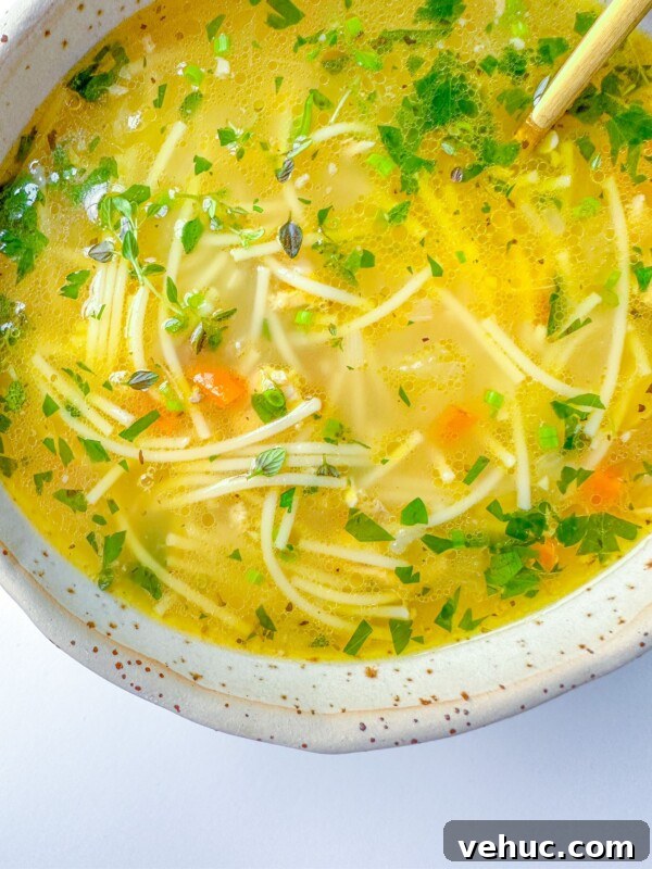 Authentic Finnish Salmon Soup Recipe (Lohikeitto) 6 A close-up of a bowl of clear Turkey Noodle Soup with thin noodles, diced carrots, fresh herbs, and a light broth, served in a speckled ceramic bowl.