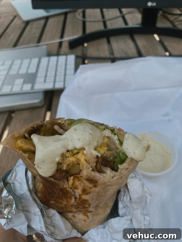 Skier’s Breakfast Burrito | Beaumont Bakery Guide 4 Breakfast burrito with sauce