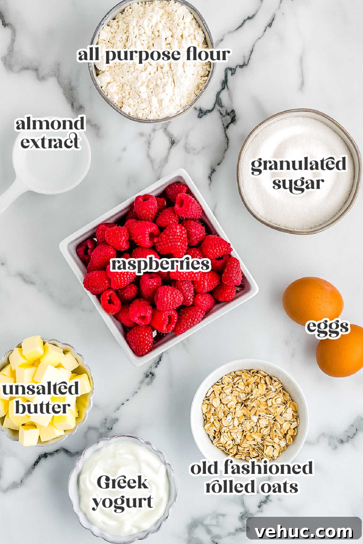 Chewy Raspberry Oat Bars with Homemade Jam Filling 4 The recipe ingredients with text overlay labeling each one.