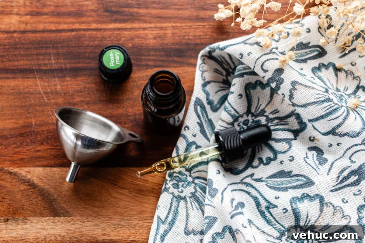DIY Hair Growth Oil for Thicker, Fuller Hair in Weeks 8 A homemade hair growth oil on a wooden table with a dropper top and a small funnel.