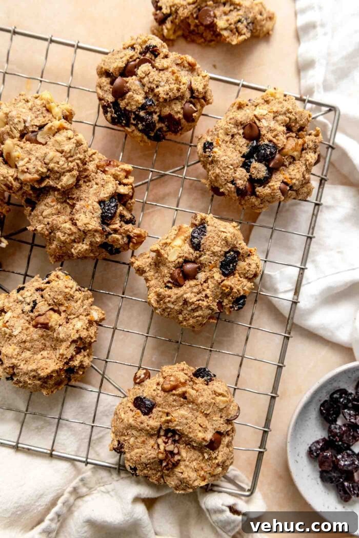 Cranberry Orange Oatmeal Cookies (Vegan Recipe) 8 Cranberry chocolate chip walnut cookies on a baking cooling rack.