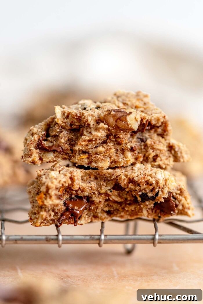 Cranberry Orange Oatmeal Cookies (Vegan Recipe) 9 Two halves of a cranberry chocolate chip oatmeal cookie stacked on top of each other so you can see the inside texture of the cookie.