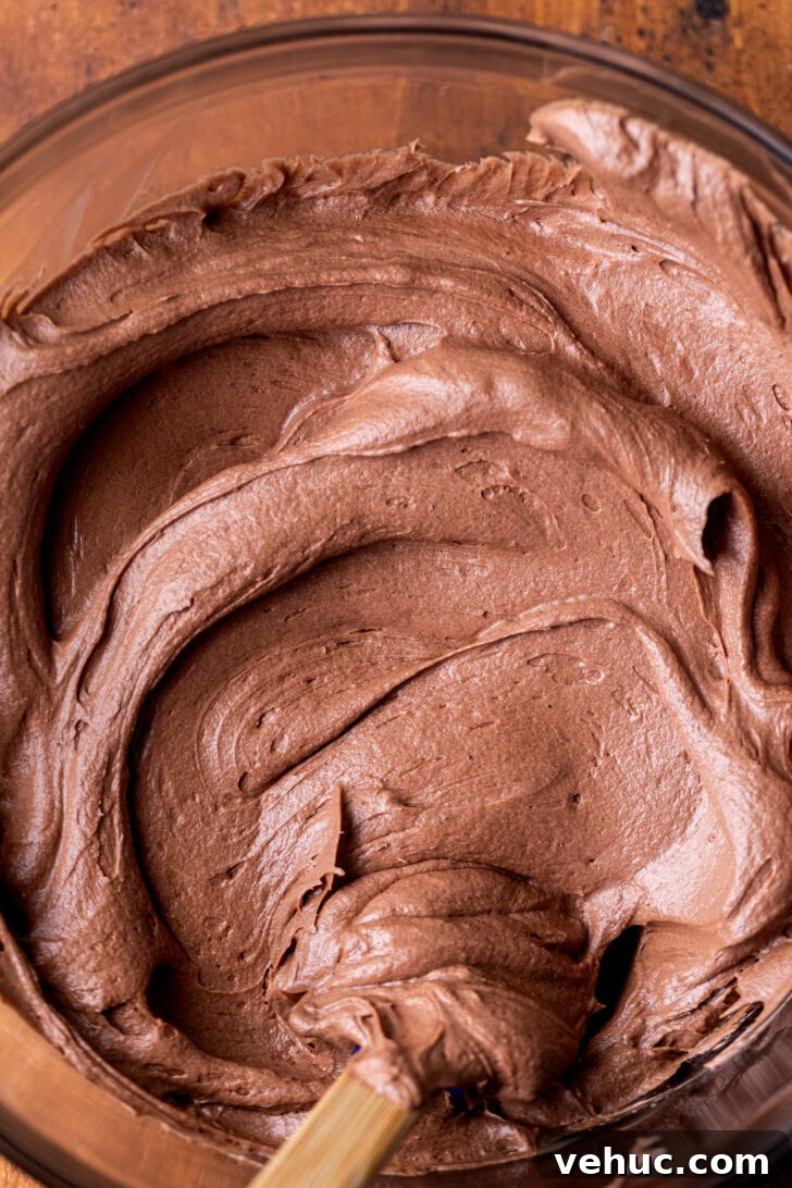 Silky Chocolate Cream Cheese Frosting Recipe for Cakes & Cupcakes 6 Top view of chocolate cream cheese frosting.