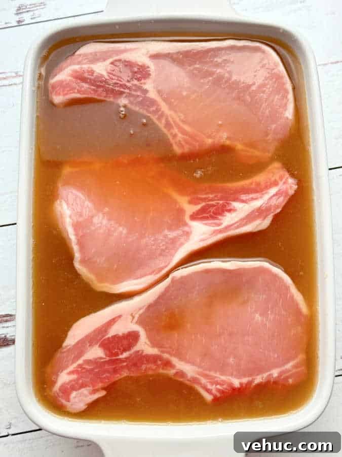 How to Brine Pork Chops for Juicy, Flavorful Results 2 three pork chops soaking in apple cider brine