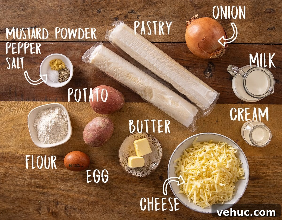 Chip Shop Style Individual Cheese and Onion Pies 4 Ingredients for individual cheese and onion pies on a wooden table