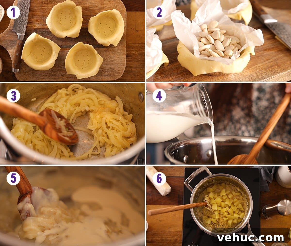 Chip Shop Style Individual Cheese and Onion Pies 5 6 image collage showing initial process steps for making individual cheese and onion pies.