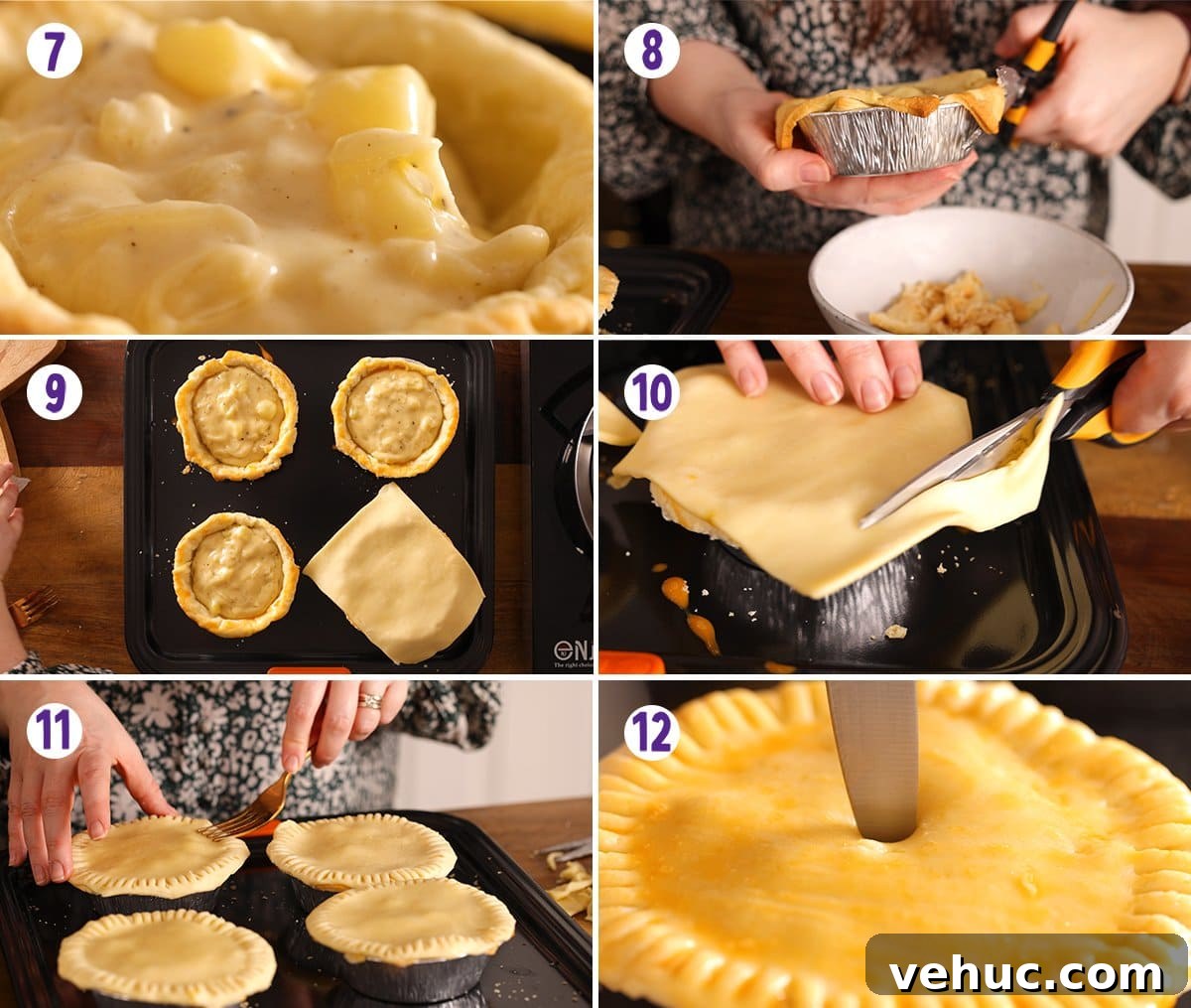Chip Shop Style Individual Cheese and Onion Pies 6 6 image collage showing final process steps for making individual cheese and onion pies.