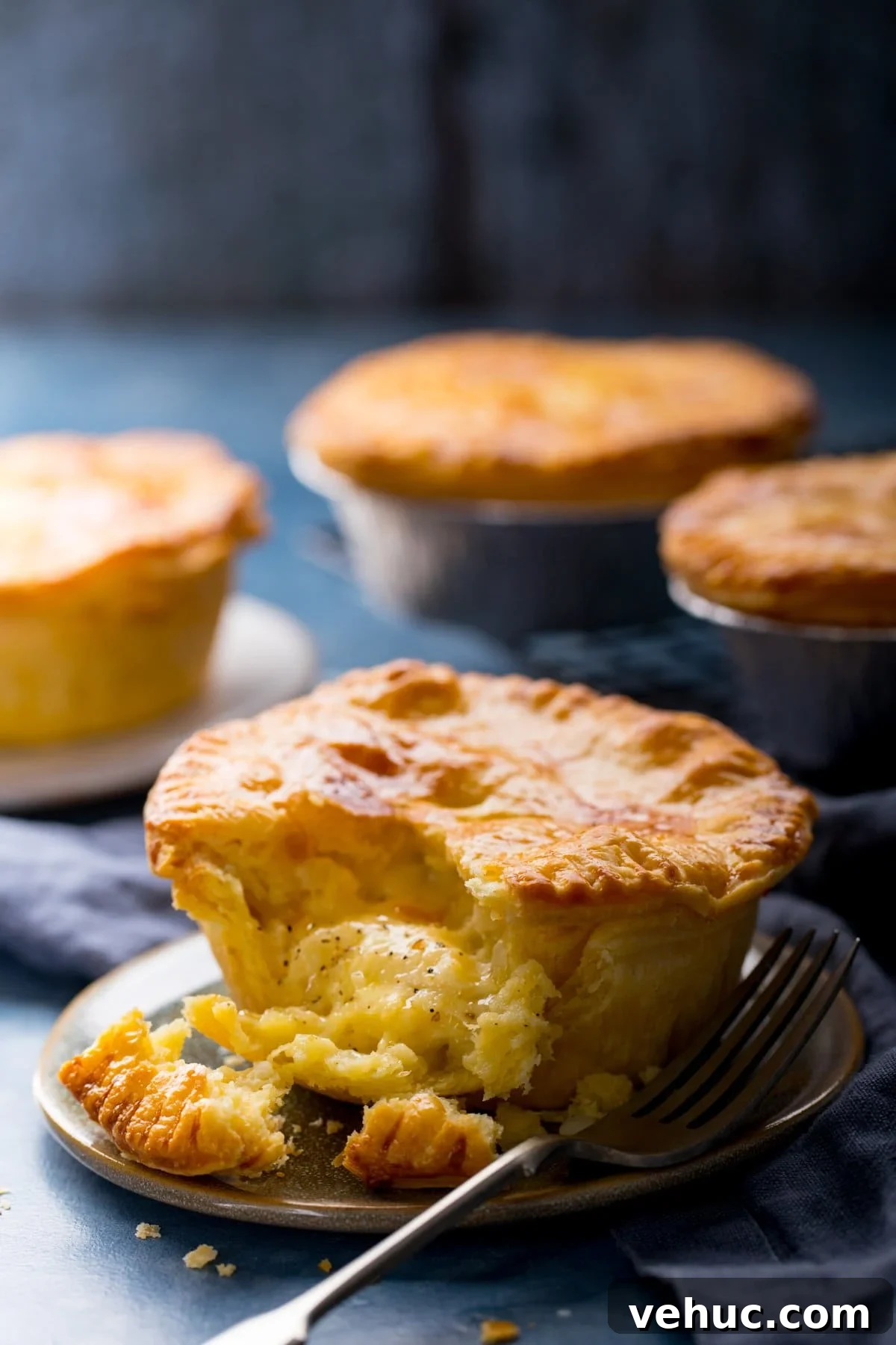 Chip Shop Style Individual Cheese and Onion Pies 8 4 individual cheese and onion pies on a blue surface. Piece taken out of the pie at the front of the image.