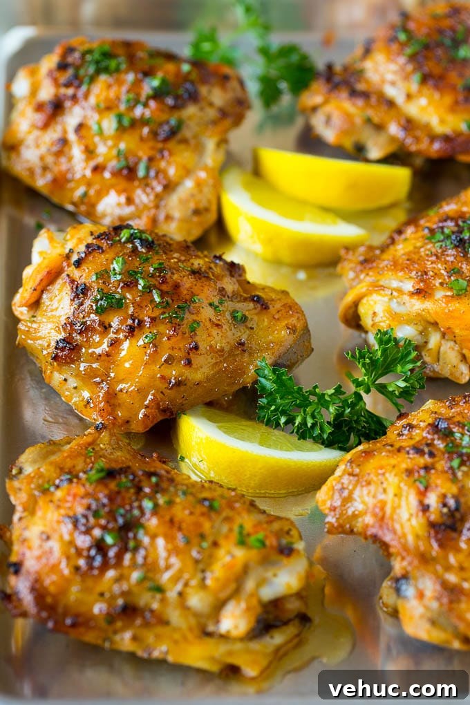 Baked chicken thighs A pan of baked chicken thighs garnished with parsley and lemon.
