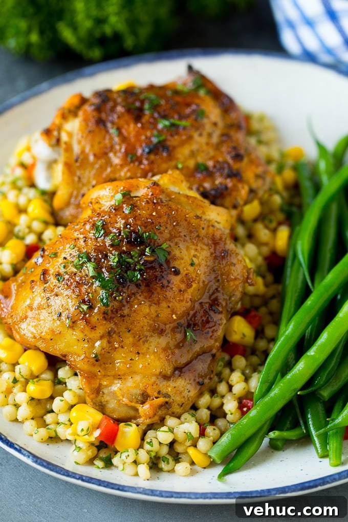 Served baked chicken thighs Baked chicken thighs served over couscous with a side of green beans.