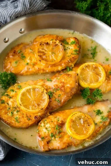 Crispy Oven-Baked Chicken Thighs with Garlic and Herbs 2 Chicken francese in a white wine sauce, garnished with lemon slices.