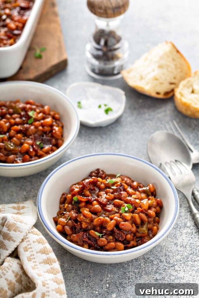 Classic Homemade Baked Beans Recipe for Flavorful Comfort Food 3 Bowls filled with Barbecue Baked Beans