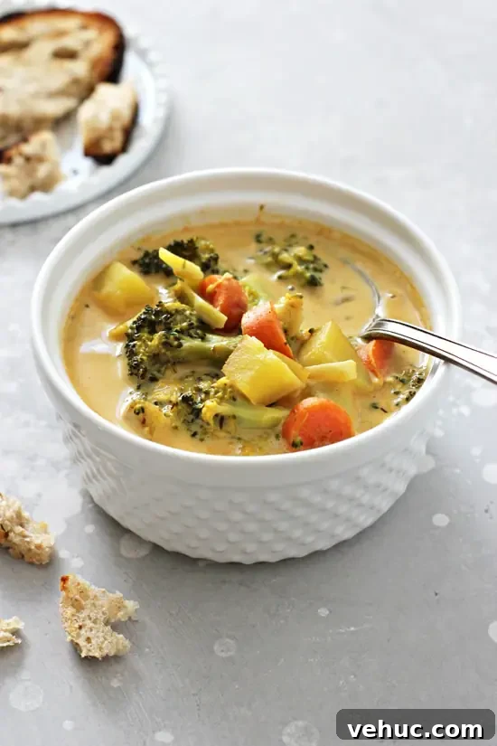 Creamy Dairy-Free Broccoli Soup Recipe for Smooth Flavor 4 A bowl of non-dairy broccoli soup with a spoon.