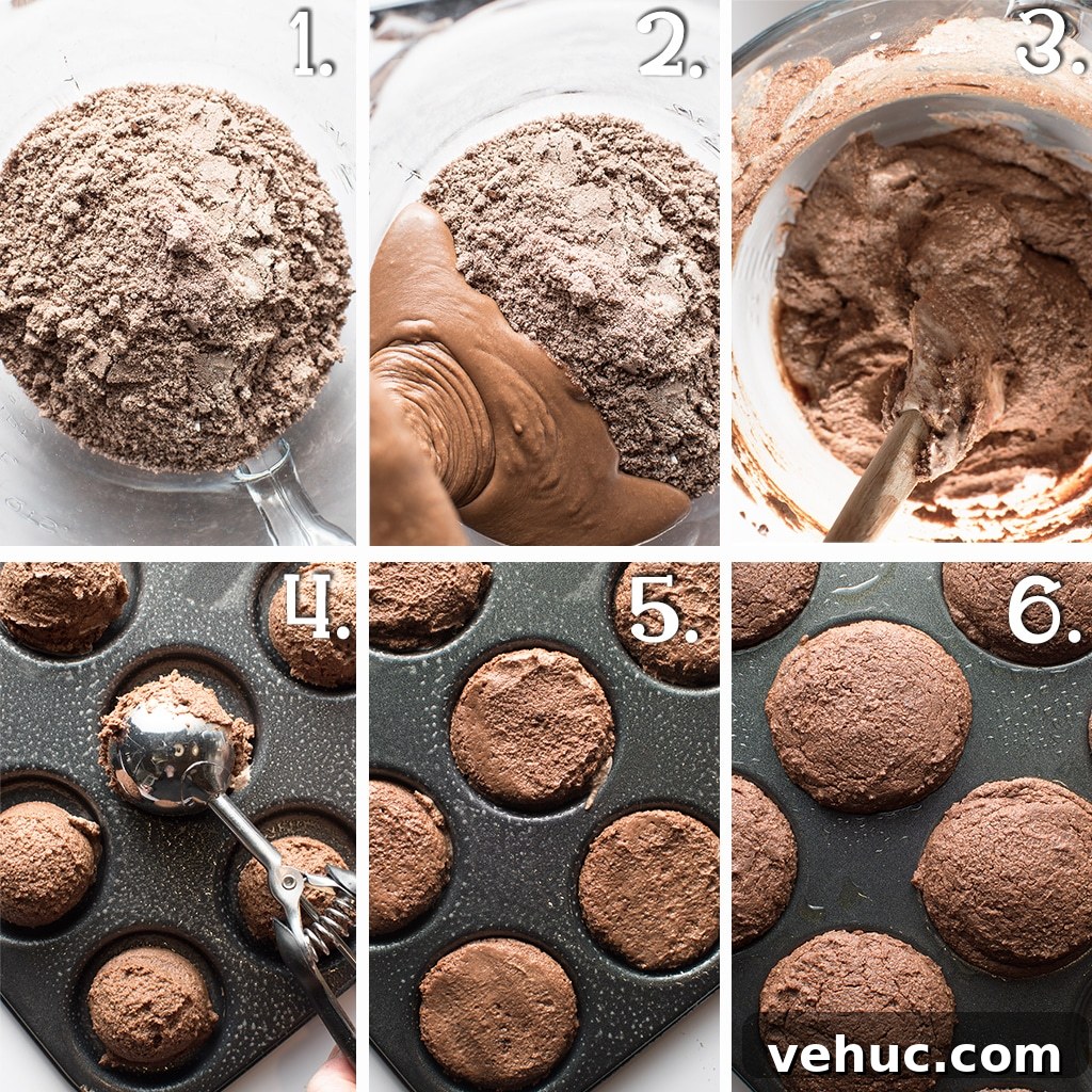Keto Whoopie Pies with Marshmallow Filling — Low-Carb Gluten-Free 5 In process photos of cake batter, and muffin tin being filled with cake batter.