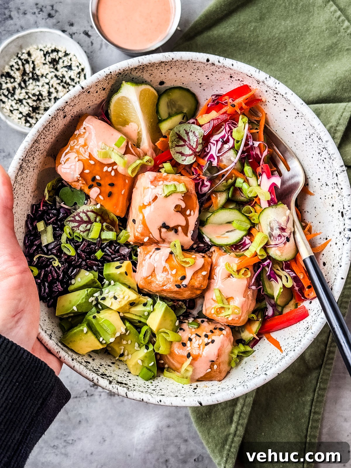 Teriyaki Salmon Bowl Recipe with Rice and Veggies 9 Teriyaki salmon bowl assembled and ready to be eaten.