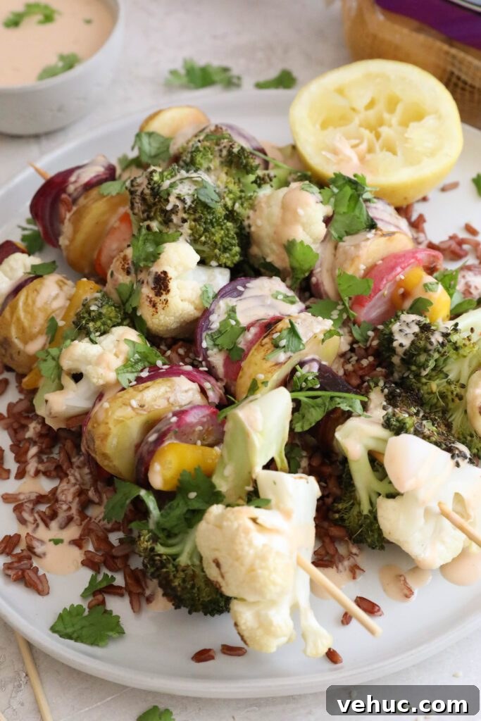 Colorful Grilled Veggie Kabobs with Creamy Sriracha Dipping Sauce 13 Kabob closeup