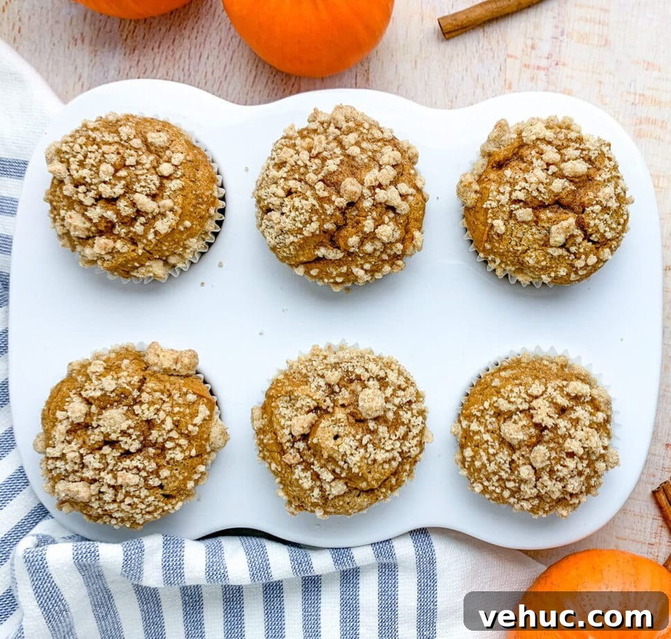 Pumpkin Muffins with Cinnamon Streusel Topping 6 A table topped with muffins in a muffin pan. Pumpkins and cinnamon stick off to the side.