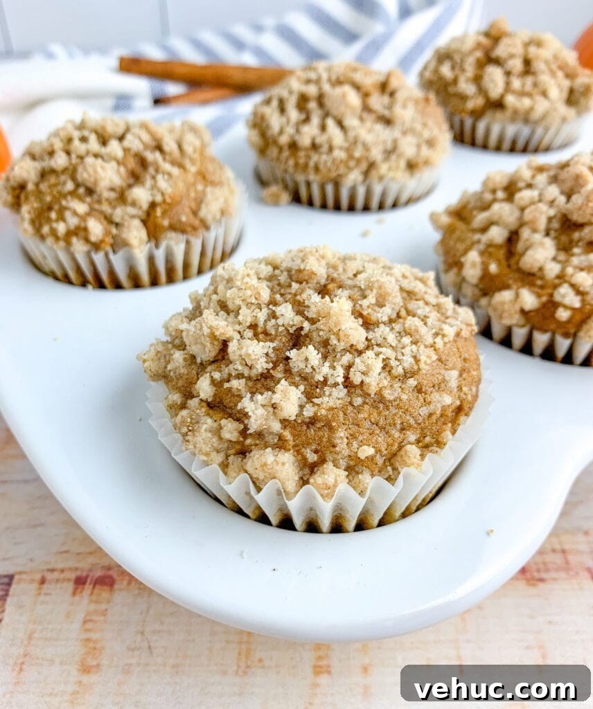 Pumpkin Muffins with Cinnamon Streusel Topping 7 An up close view of a muffin in a muffin pan. The other muffins are in the background.