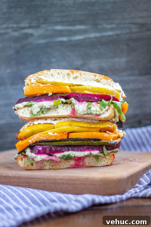 Rainbow Roasted Vegetable Sandwich | A wholesome meal made with roasted vegetables, edamame, and whipped feta.