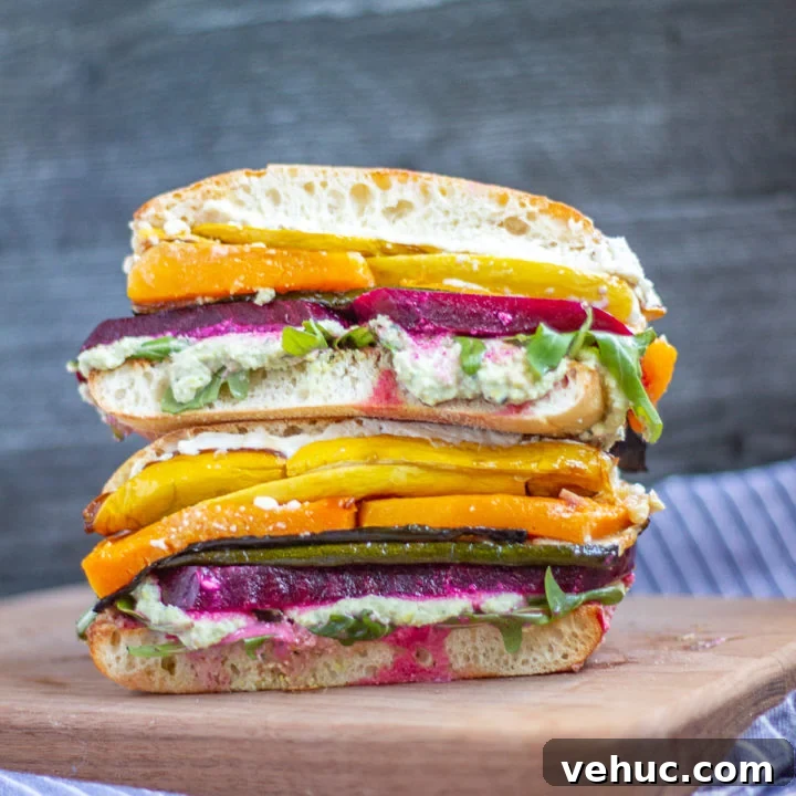 Rainbow Roasted Vegetable Sandwich | A wholesome meal made with roasted vegetables, edamame, and whipped feta.