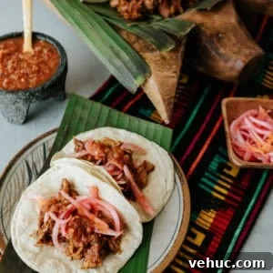 Authentic Cochinita Pibil Tacos Recipe — Yucatan Slow-Roasted Pork 13 Two Cochinita Pibil Tacos topped with pickled red onions and salsa, served on a plate with banana leaf over a colorful Mexican textile.