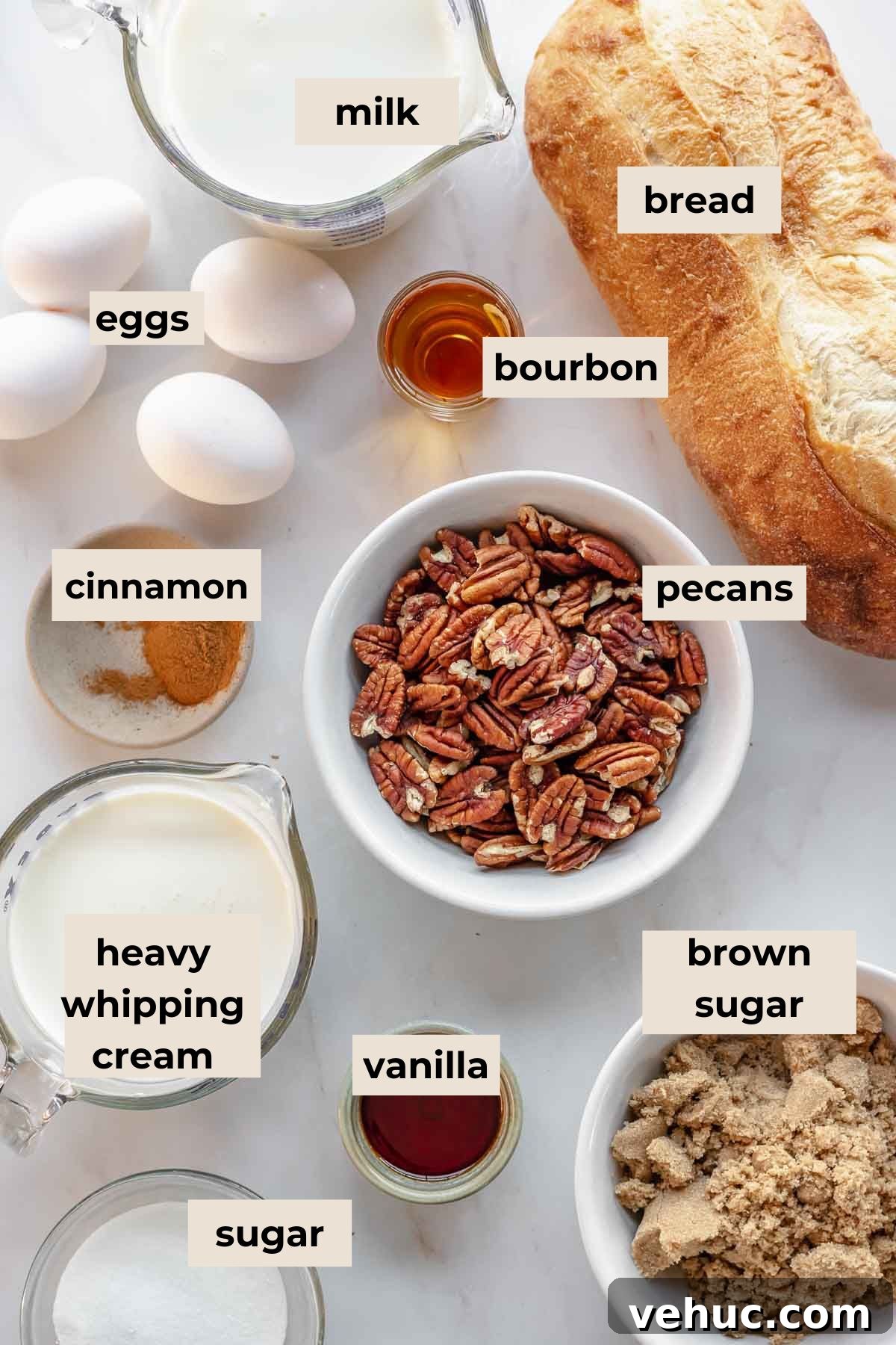 Pecan Bread Pudding with Creamy Vanilla Sauce 4 Ingredients for pecan bread pudding with vanilla sauce.