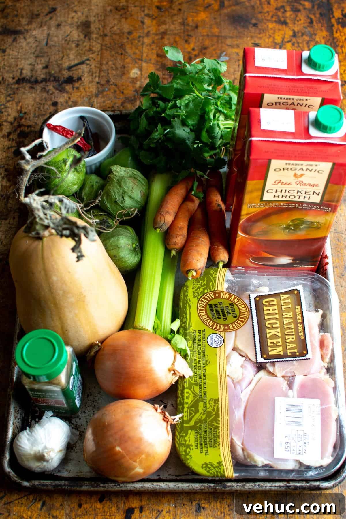 Tangy Chicken and Tomatillo Stew Recipe for Weeknight Dinners 4 All the ingredients needed to make chicken tomatillo stew including chicken, butternut squash, tomatillos, cilantro, and more.