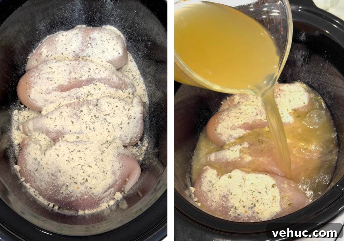 Slow-Cooker Buffalo Chicken Mac and Cheese Recipe 5 chicken breasts, and ranch in crockpot, broth pouring in.