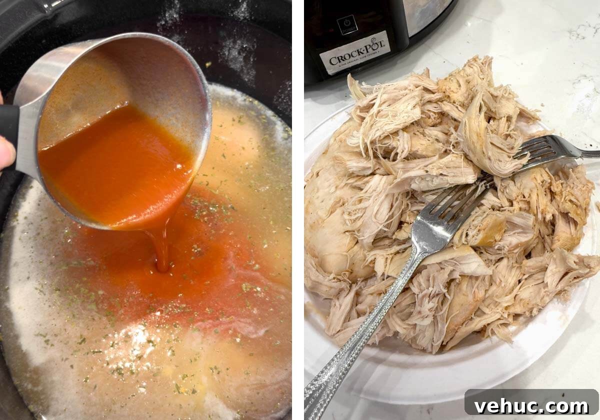 Slow-Cooker Buffalo Chicken Mac and Cheese Recipe 6 adding buffalo wing sauce to crockpot, shredding cooked chicken