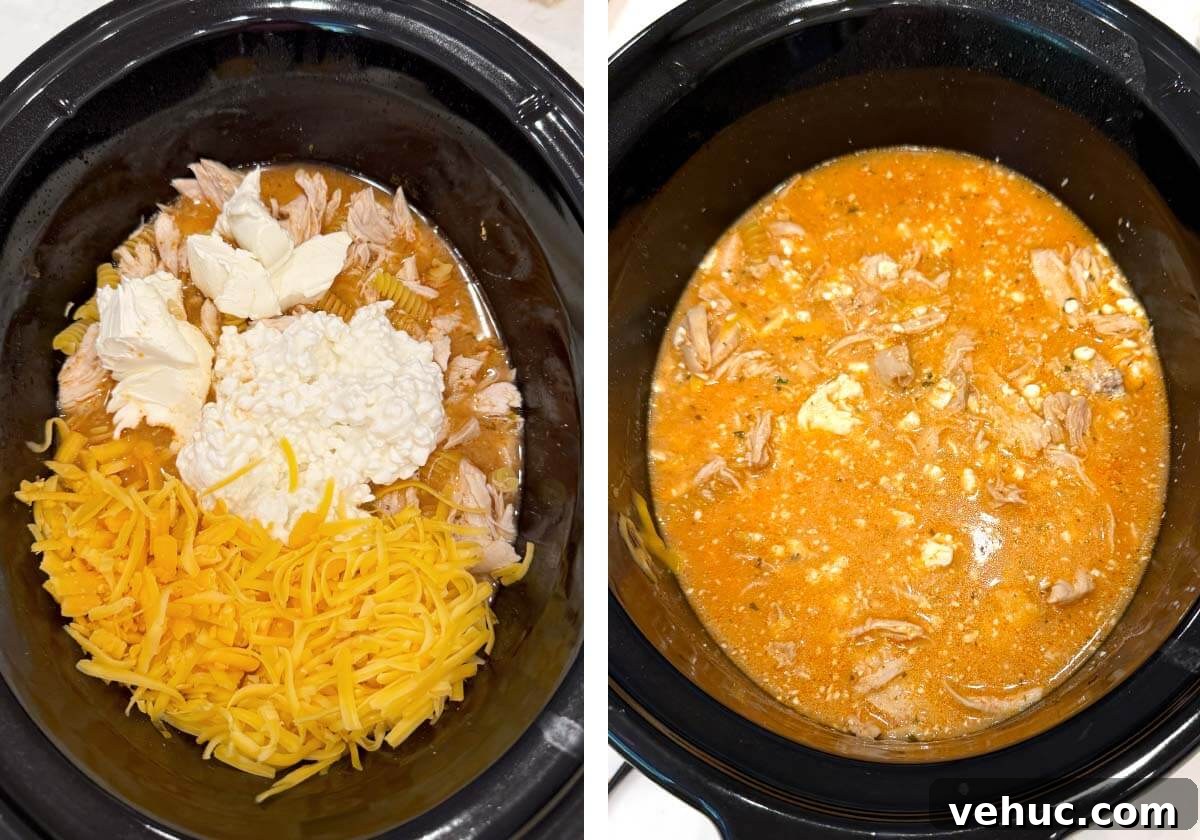 Slow-Cooker Buffalo Chicken Mac and Cheese Recipe 7 cheeses added to cooked chicken, stirred.