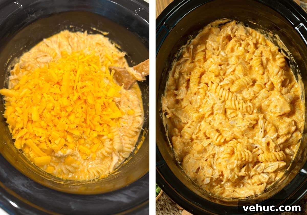 Slow-Cooker Buffalo Chicken Mac and Cheese Recipe 8 shredded cheese added to cooked pasta, finished dish.