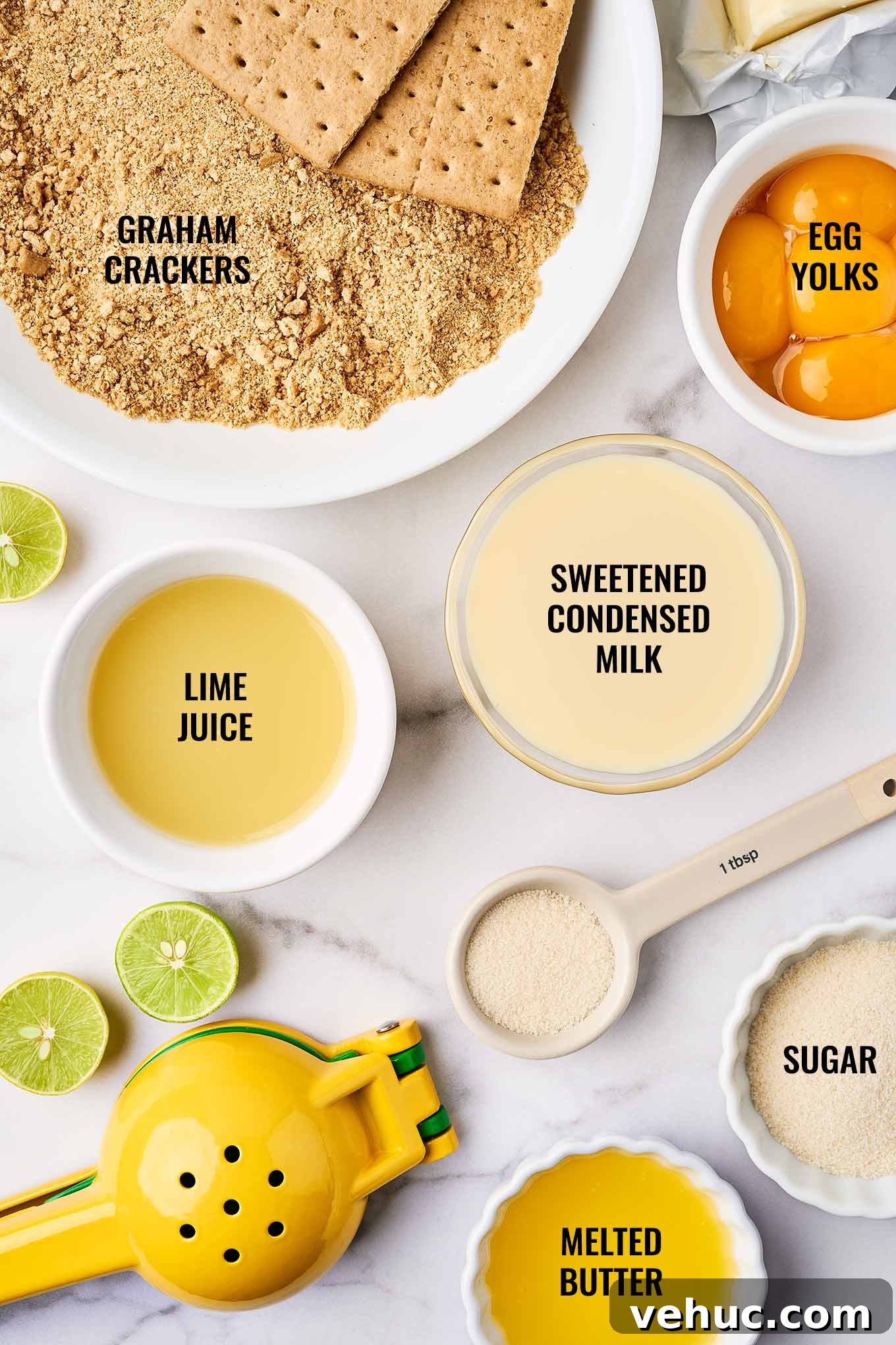 Authentic Florida Key Lime Pie Recipe You’ll Love 3 Ingredients for Florida Key lime pie including graham crackers, lime juice, egg yolks, sweetened condensed milk, sugar, and melted butter.