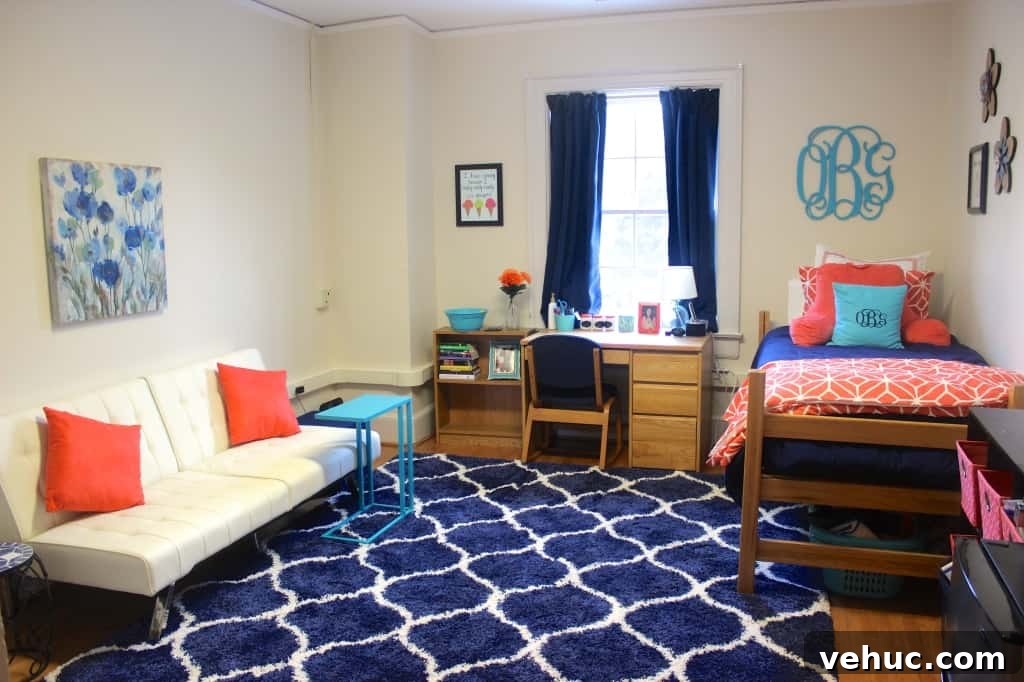 Dorm room inspiration: navy, coral, & turquoise! See the whole dorm room tour by clicking the pin.