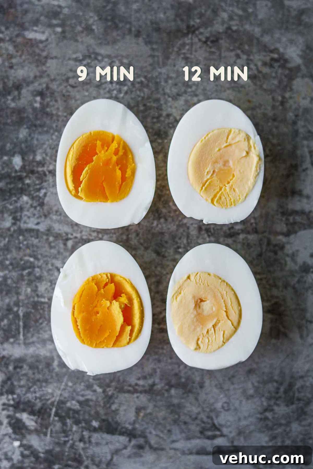 Perfect Hard-Boiled Eggs: Foolproof Method for Tender Yolks 2 9 minute verus 12 minute perfect fool-proof hard boiled eggs with different yolks.