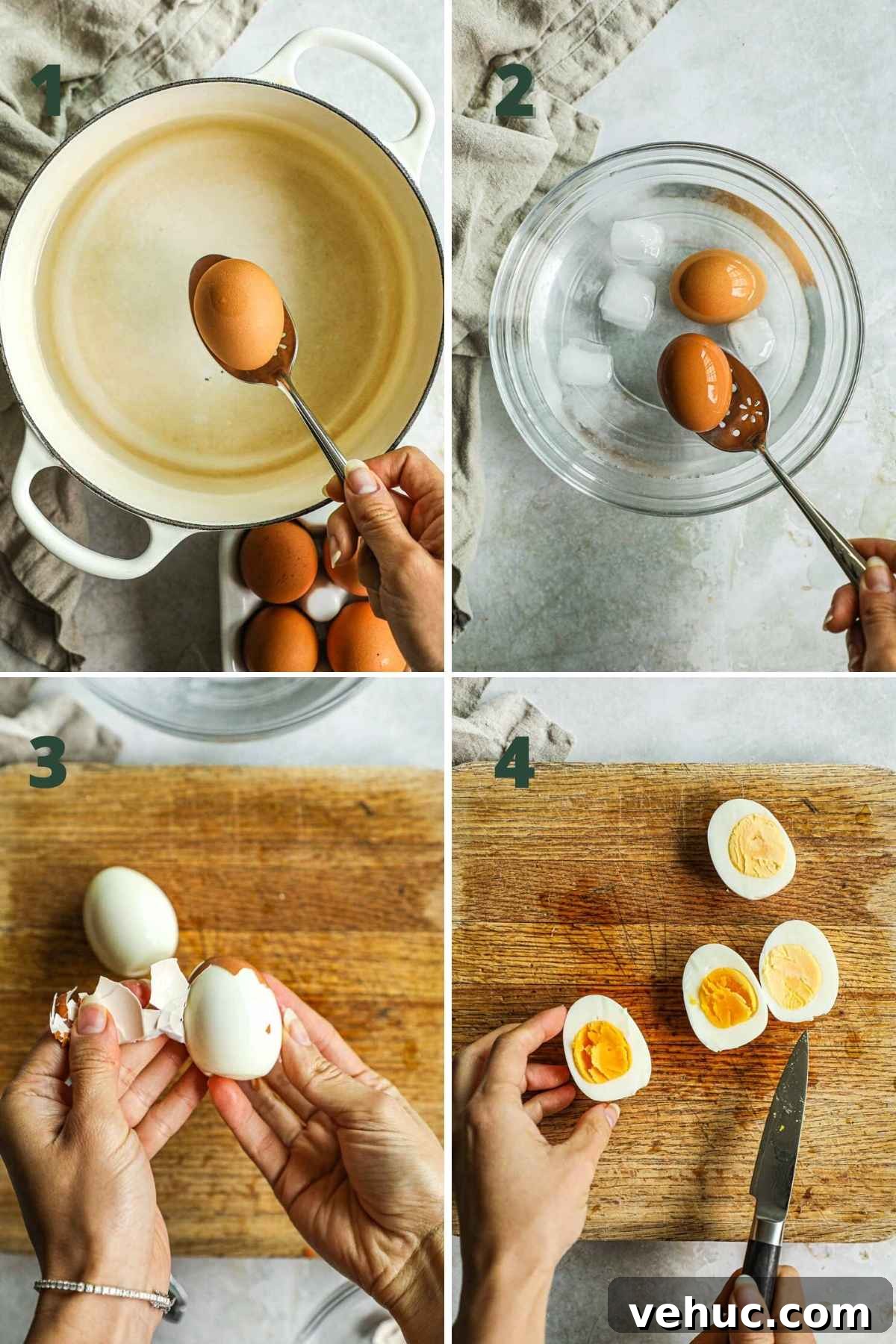Perfect Hard-Boiled Eggs: Foolproof Method for Tender Yolks 4 Steps to make perfect hard boiled eggs, including lowering eggs into boiling water, boiling for 9-12 minutes, chilling in water for 10 minutes, peeling shell, and slicing.
