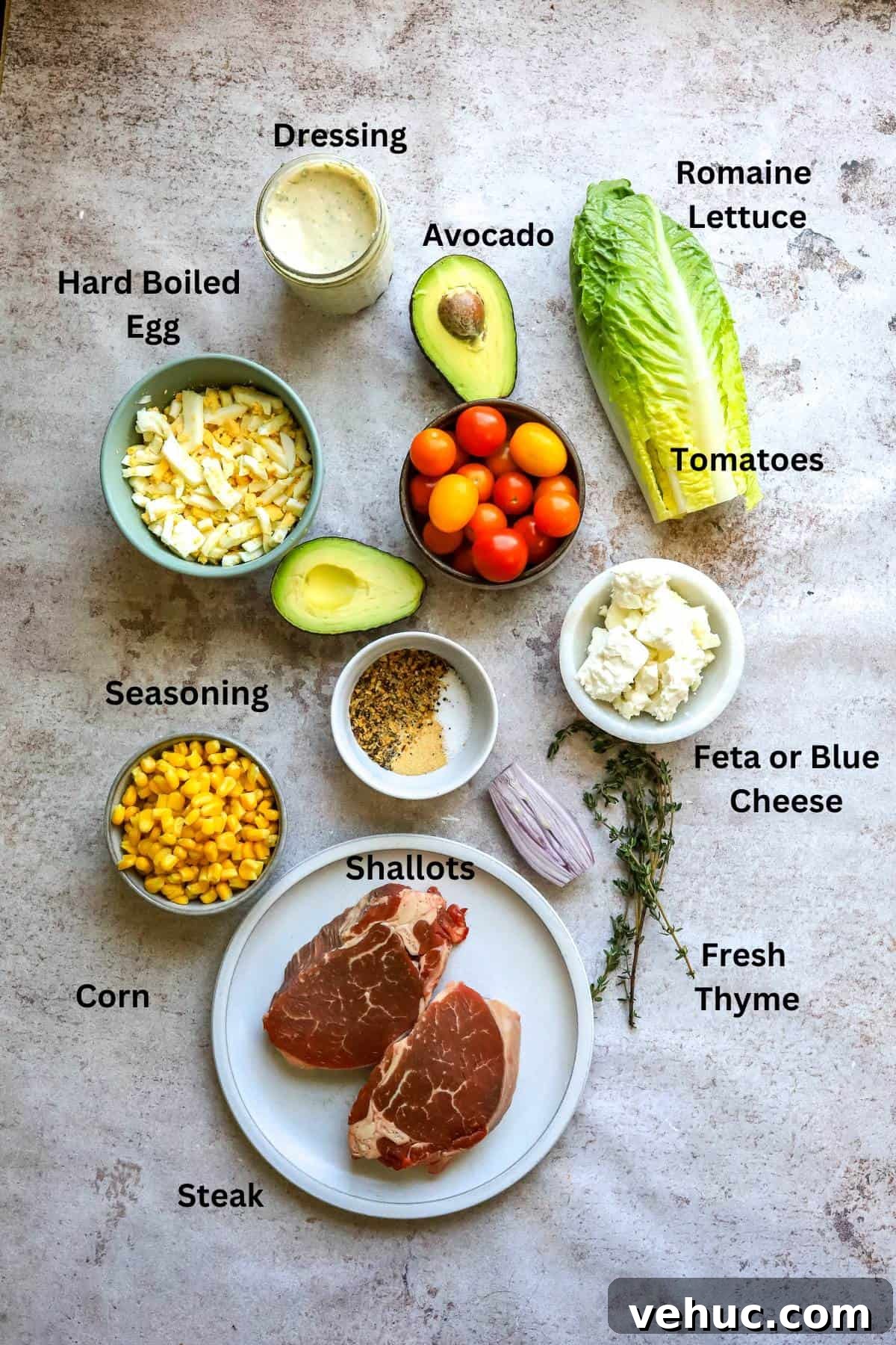 Grilled Steak Salad with Balsamic Vinaigrette Recipe 3 All the ingredients on a counter in small bowls and jars.