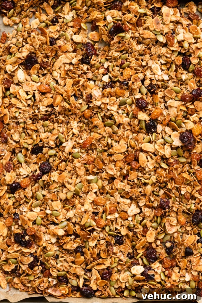 Overhead view of baked breakfast granola on a sheet pan.