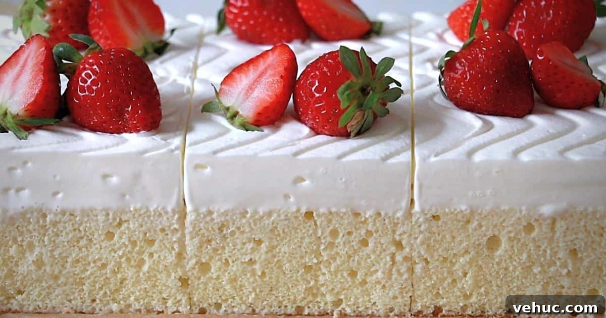 Authentic Tres Leches Cake Recipe: Moist Latin-Style Dessert 3 tres leches cakes with strawberries on top, a view from a side