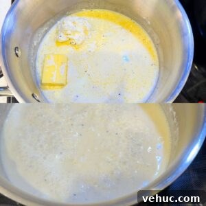 Creamy Garlic Mashed Potatoes Recipe 7 Heavy cream, butter and cream cheese in a saucepan.