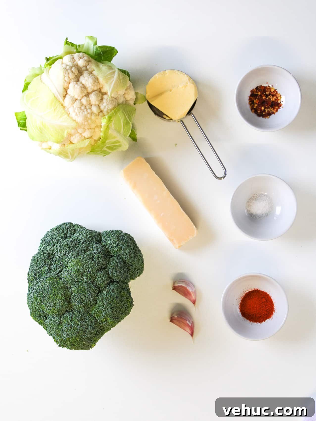 Crispy Air Fryer Broccoli and Cauliflower Recipe 3 ingredients for air fried broccoli and cauliflower on white background