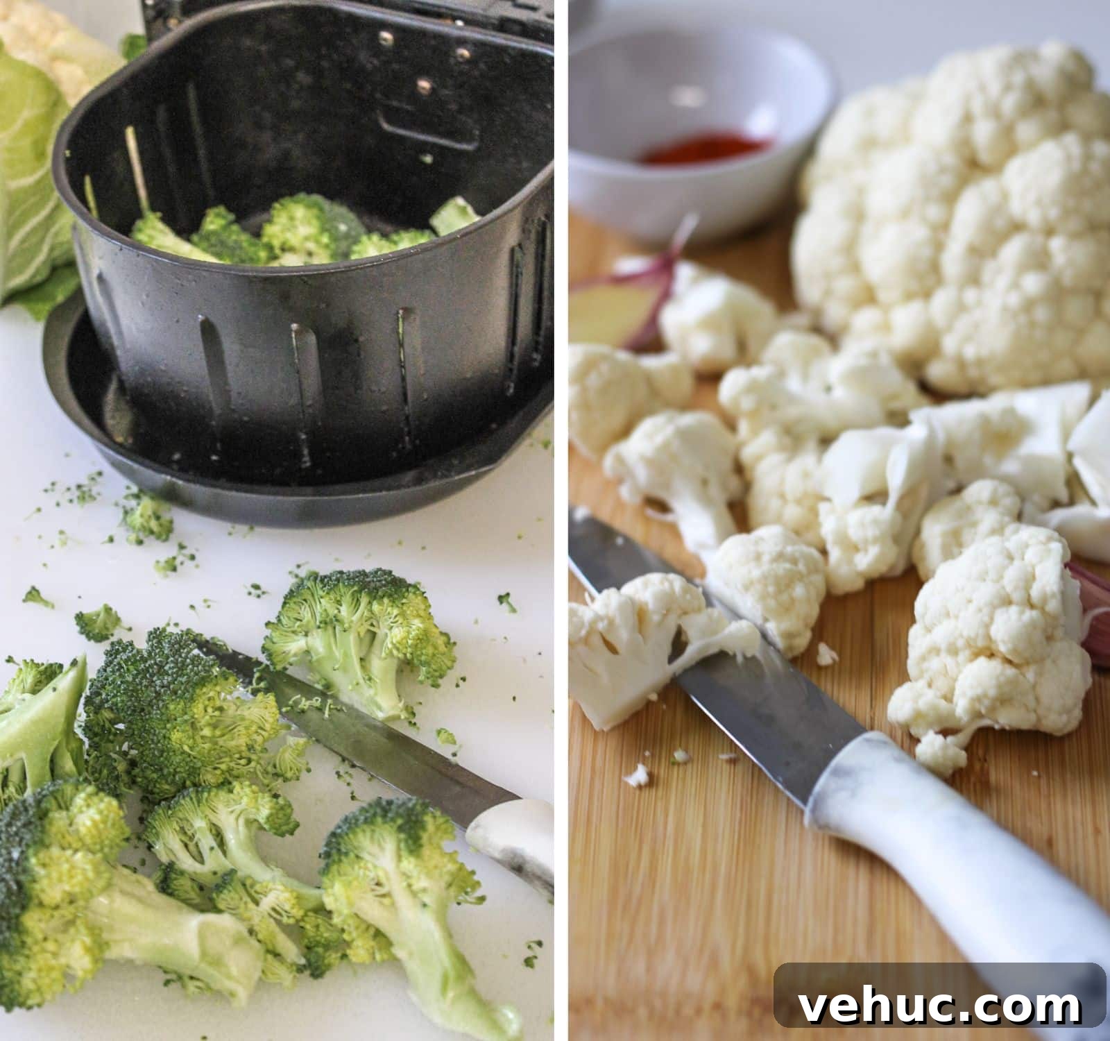 Crispy Air Fryer Broccoli and Cauliflower Recipe 4 collage of cutting fresh broccoli and cauliflower to be air fried