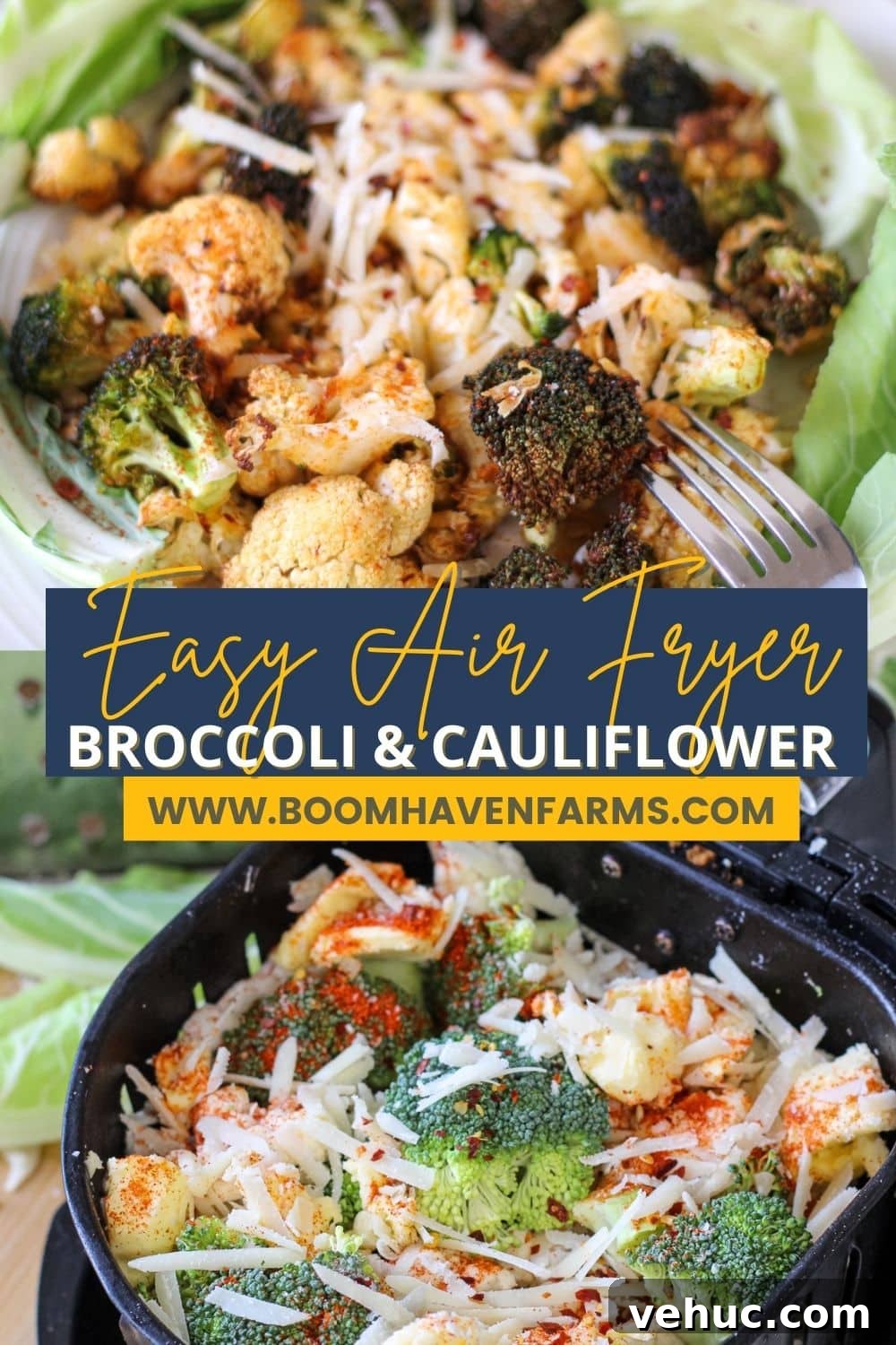 Crispy Air Fryer Broccoli and Cauliflower Recipe 6 collage image of broccoli and cauliflower roasted