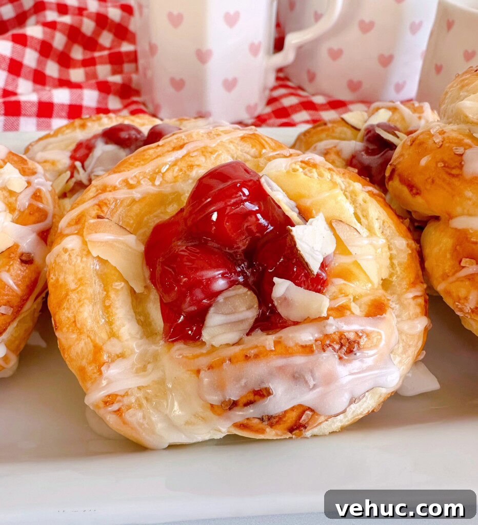 Cherry Cream Cheese Knots: Sweet Stuffed Pastry Bites for Brunch 15 Close-up photo of Cherry Cream Cheese Puff Pastry Knots.
