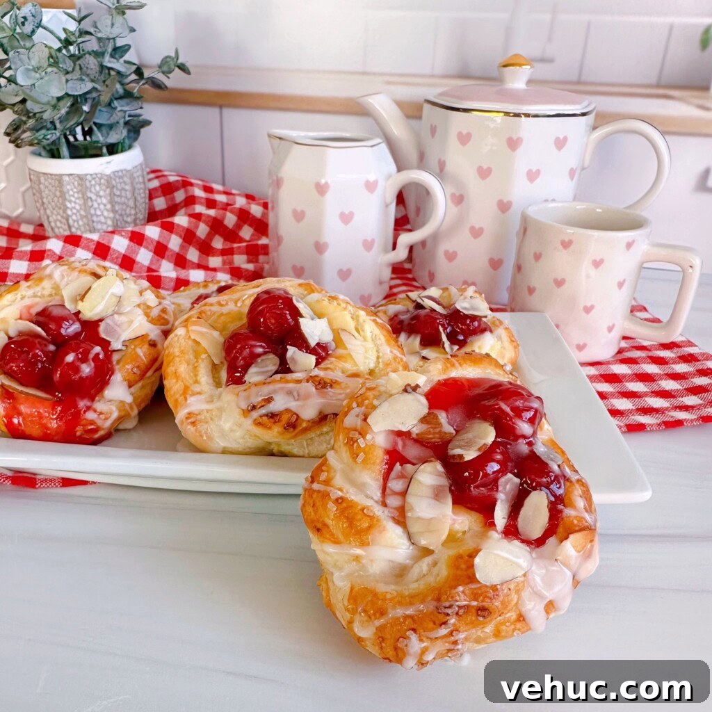 Cherry Cream Cheese Knots: Sweet Stuffed Pastry Bites for Brunch 16 Puff Pastry on a serving tray with a tea pot in the background.