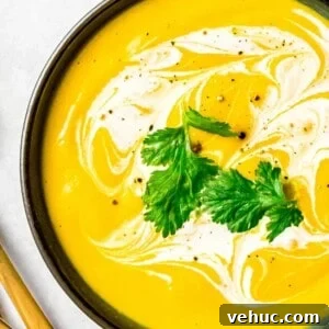 roasted kabocha squash soup, vegan pumpkin soup in a black bowl with cream and herb garnish