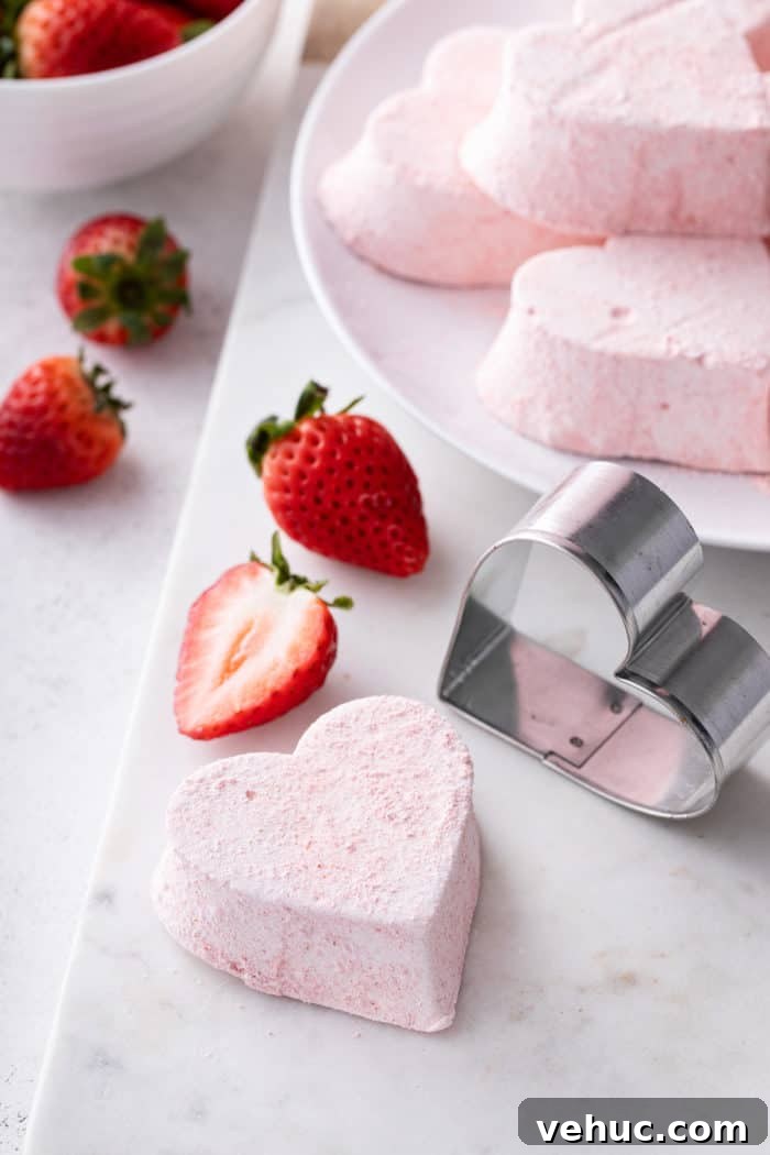 Homemade Strawberry Marshmallows: Soft, Fluffy Recipe 2 Heart-shaped strawberry marshmallow next to a metal heart cookie cutter on a white board.