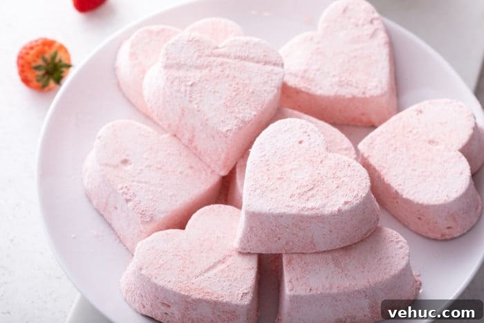 Homemade Strawberry Marshmallows: Soft, Fluffy Recipe 11 White plate filled with heart-shaped strawberry marshmallows.
