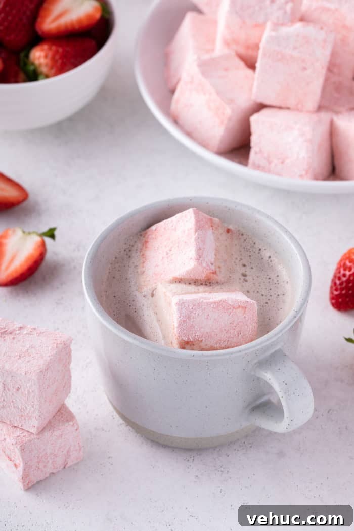 Homemade Strawberry Marshmallows: Soft, Fluffy Recipe 12 Two strawberry marshmallows in a white mug of hot chocolate. A bowl of strawberry marshmallows is in the background.