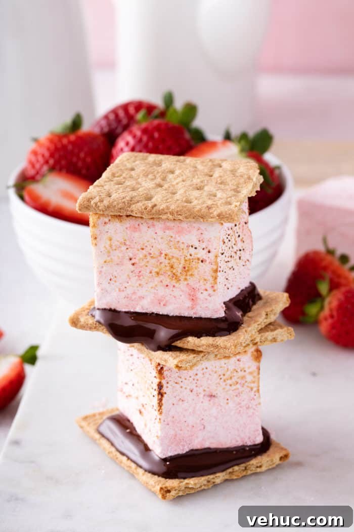 Homemade Strawberry Marshmallows: Soft, Fluffy Recipe 3 Two s'mores made with strawberry marshmallows stacked on top of each other.