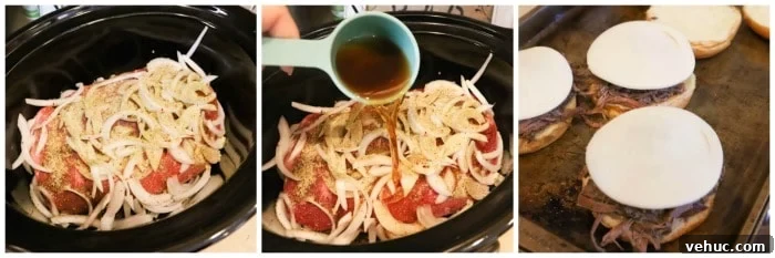 Slow-Cooker Shredded Beef Sandwich Recipe for Tender Pulled Beef 3 progress pictures adding ingredients to the slow cooker